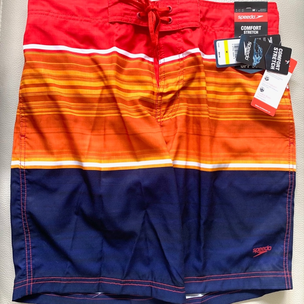 NWT Mens Speedo swim trunks sz. MED comfort stretch striped orange blue red